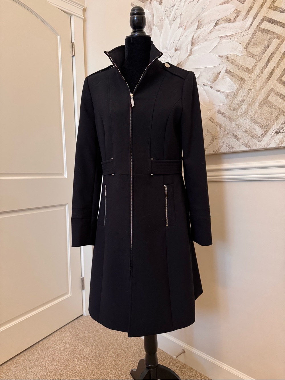 Classic Black A-Line Zip Front Coat
